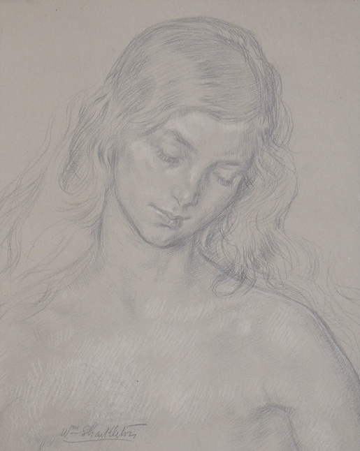 William Shackleton (British, 1872-1933), pencil heightened with white, Study of a young woman, signed, 24 x 19cm, unframed. Condition - good, laid down with a card mount.